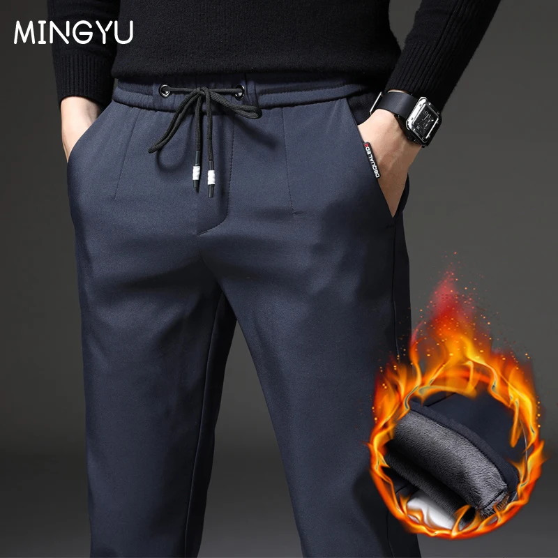 

Brand Autumn Winter Fleece Warm Pants Men Stretch Work Jogging Outdoor Blue Black Velvet Casual Thick Trousers Male Plus size