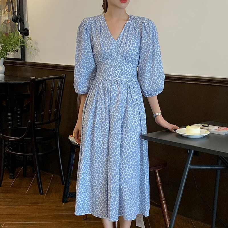 

ZAWAHIKI Korean Summer Vintage Print Dress Women V Neck Puff Sleeve Hollow Out Backless Drawstring Slim Waist A-line Long Dress