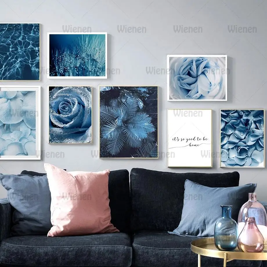 

Blue Dandelion Rose Leaf Canvas Painting Nordic Sea Quote Wall Art Posters and Prints Plant Wall Pictures for Living Room Decor