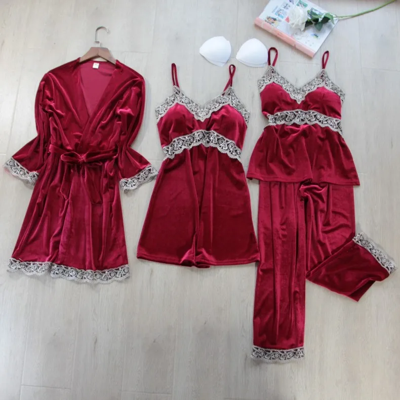 2022 New Spring Style Pajamas Women's Velvet 4Pcs Set with Breast Pad Sling Sexy Nightgown Home Clothes Lady Nightwear Sleepwear