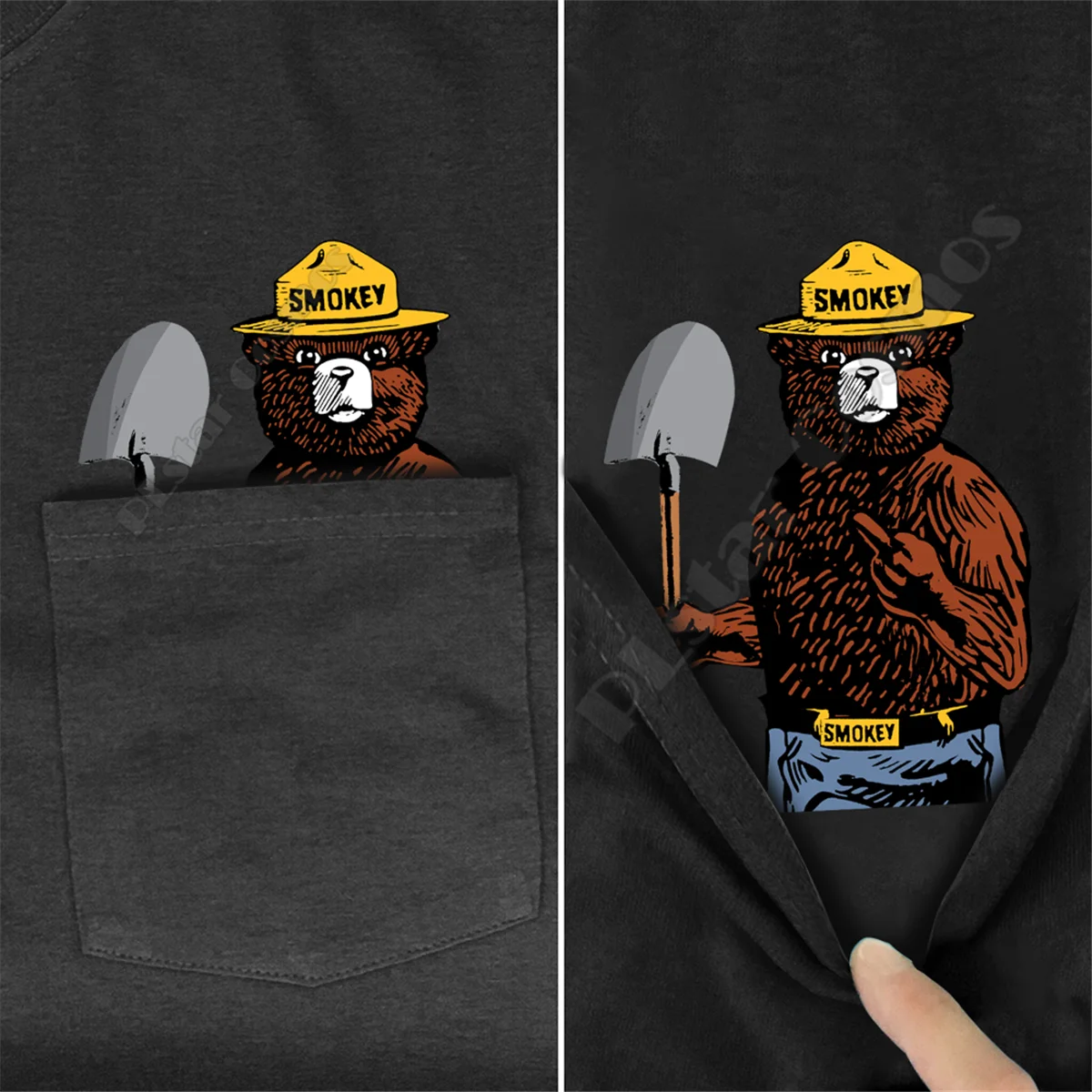 

Smokey Bear Camping Pocket Tee T Shirt summer Cartoon printed t-shirt men women shirts tops black cotton tees Short sleeve