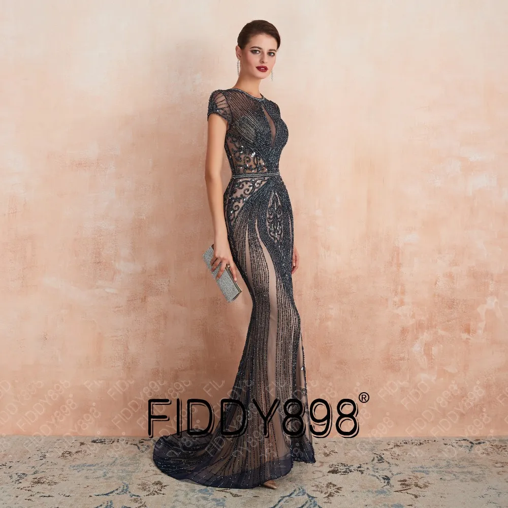 Роскошные Русалка вечернее платье 2020 Кепки рукава полностью вышитое бисером
