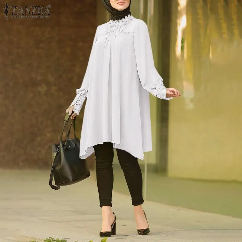 

ZANZEA Kaftan Muslim Abaya Hijab Tops Oversized Women Autumn Blouses Long Sleeve Shirts Female High Low Solid Robe Femme Chemise