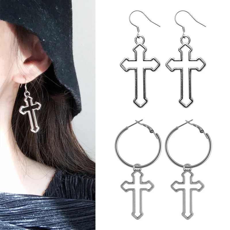 Простые металлические полые серьги-капли с крестиком для женщин уличные поп