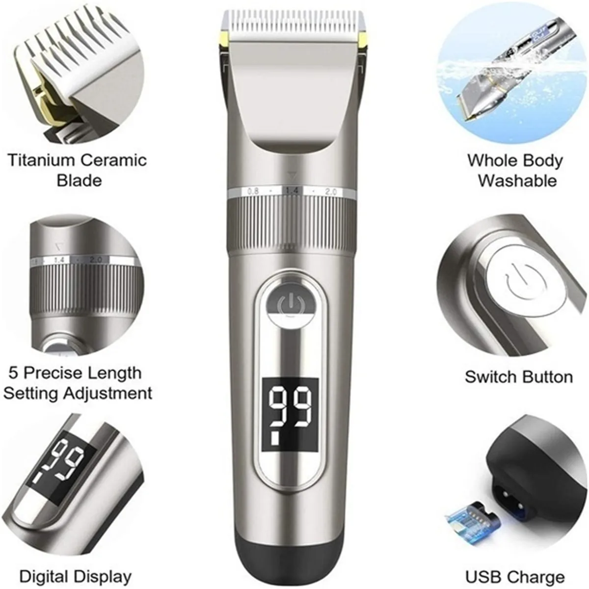 

Cordless Electric Hair Trimmer Men Clipper Waterproof USB Rechargeable Ceramic Cutting Head Hair Cutter LED Display Beard Shaver