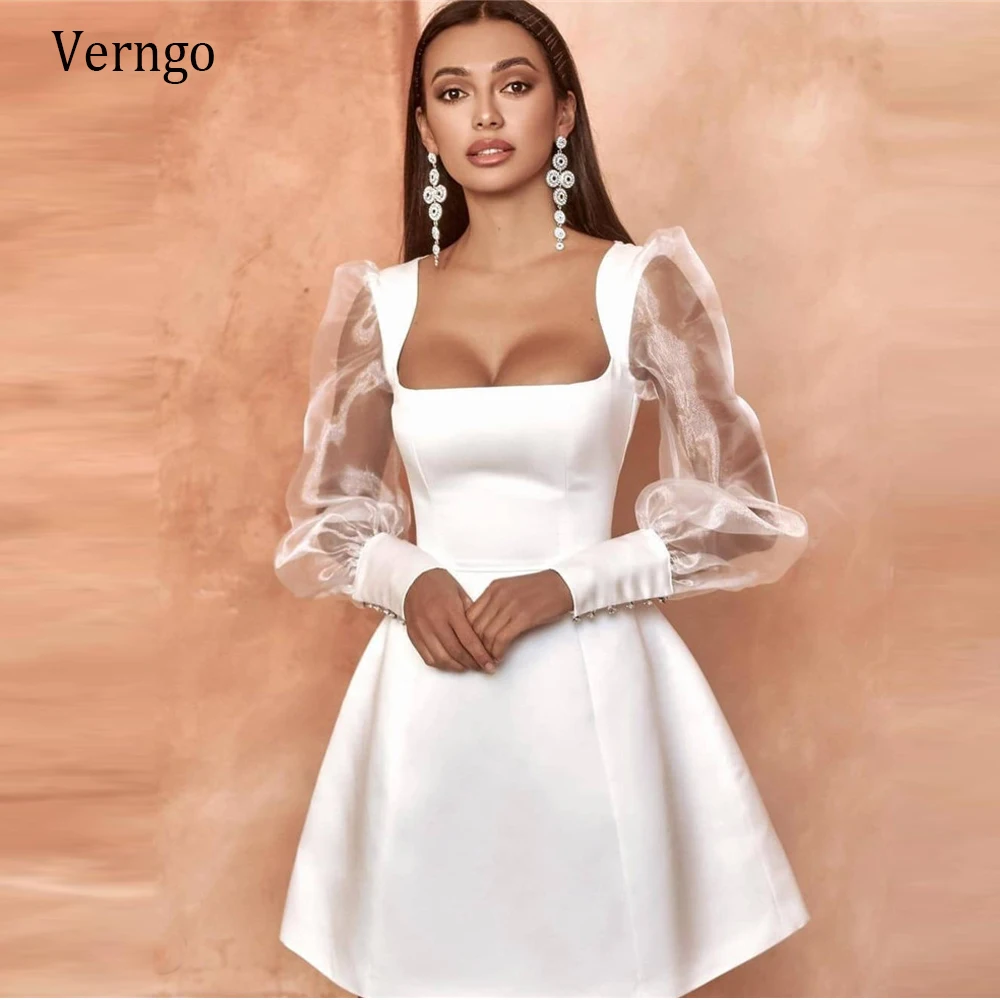 

Verngo 2021 Simple White Satin A Line Cocktail Dresses Puffy Long Sleeve Button Square Neck Short Formal Party Gowns Custom Made