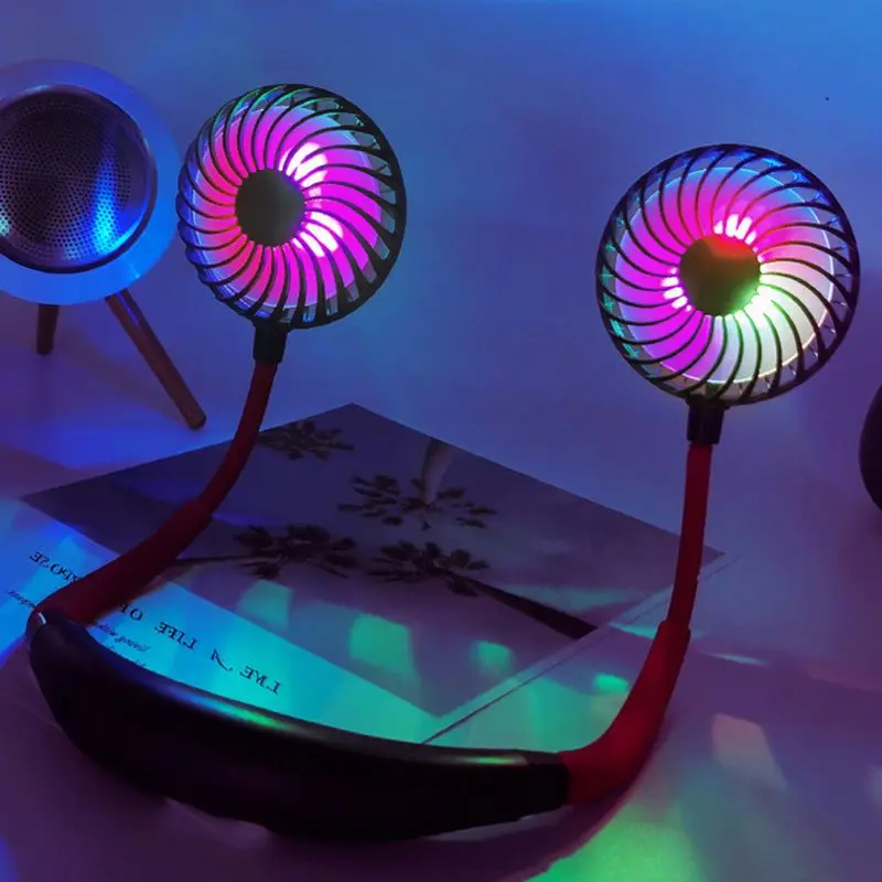 

3 Speed Hand Free Neck Fan Personal Fans 2000mah Rechargeable USB Fan with Touch Switch Colorful LED Light Wearable Sports Fan