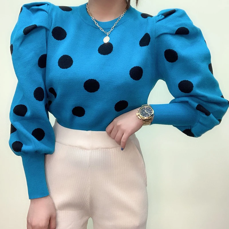 Женский трикотажный укороченный свитер уличный пуловер в горошек с длинными