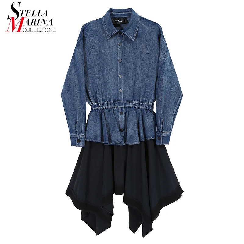 Женское джинсовое платье рубашка повседневное асимметричное с длинными