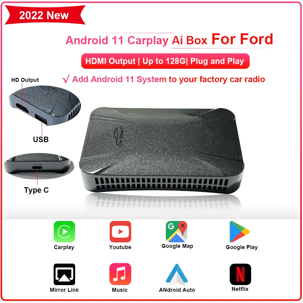 Wireless CarPlay Ai Box Android 11 Android Auto Youtube Netflix Play for Ford GT Mustang Mach-E Bronco Bronco Sport Evos Maveric