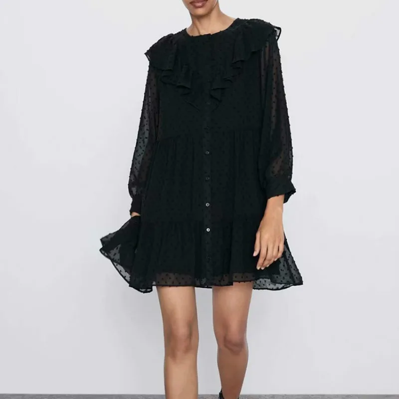 Женское платье с рукавами воланами черные контрастные кружевные платья карандаш
