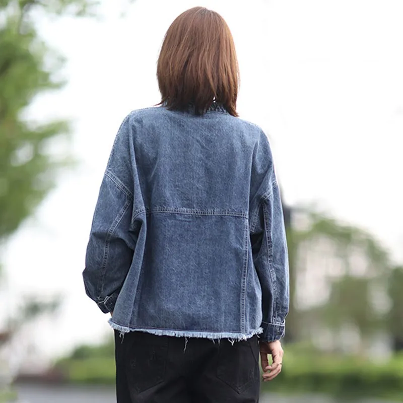 

Autumn New Korean Solid Color O-neck Long Sleeve Single Breasted Denim Coat 2021 Fashion Patchwork Pockets Women Coats