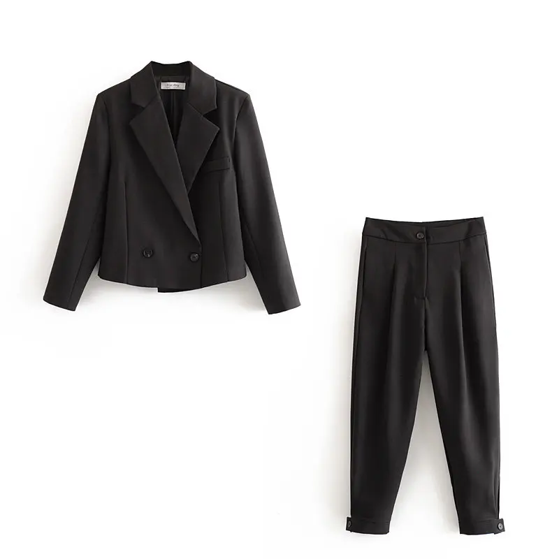

woman suits lady suit office Retro fashion suit suit simple slim short suit jacket + high waist trousers 2 piece set women