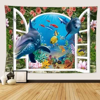underwater world 3d tapestry wall hanging animal dolphin turtle coral picture polyester cloth room decoration wall decor bedroom