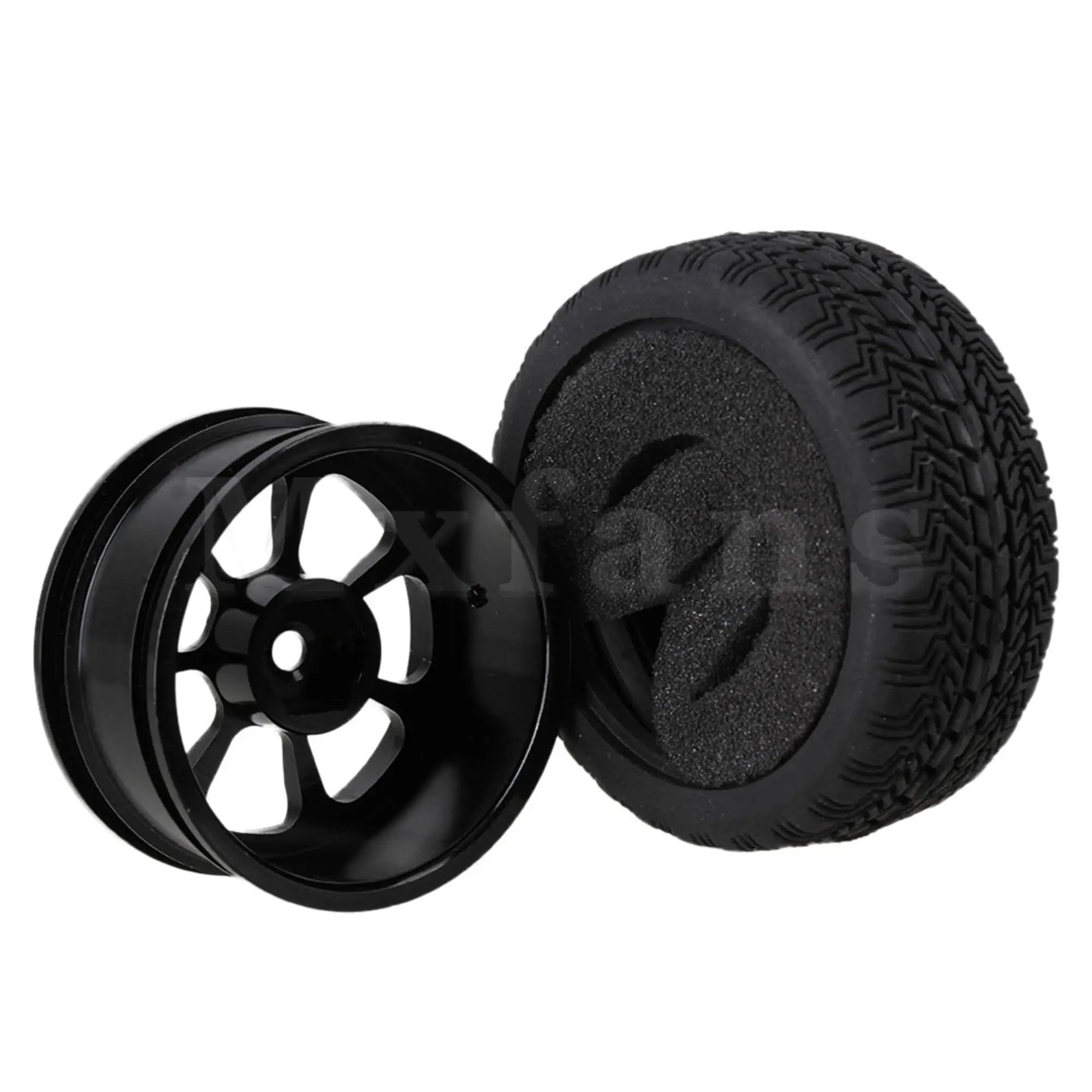 4PCS Black Aluminum Alloy RC1:10 7-Spokes Wheel Rims & Grip Pattern Rubber Wheel Tires for On-Road Car images - 6