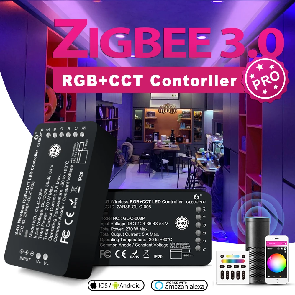 

GLEDOPTO ZigBee 3.0 LED Controller Pro RGBCCT Strip Smart APP Voice Control work with Amazon Echo Plus SmartThings RF