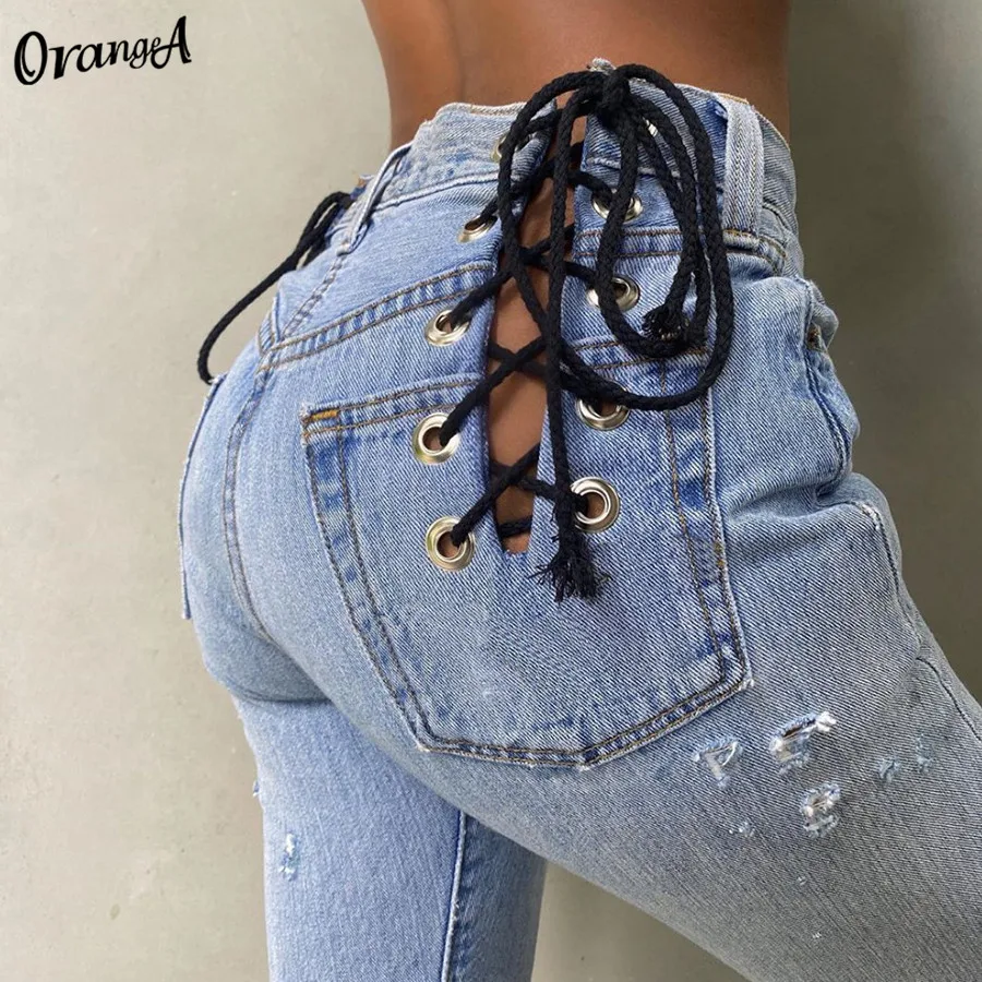 

Weird Puss Women Baggy Y2K Bandage Taille Hole Denim Broekstraat Hot Sexy Straight Pants Loose Trousers Casual Streetwear Jeans