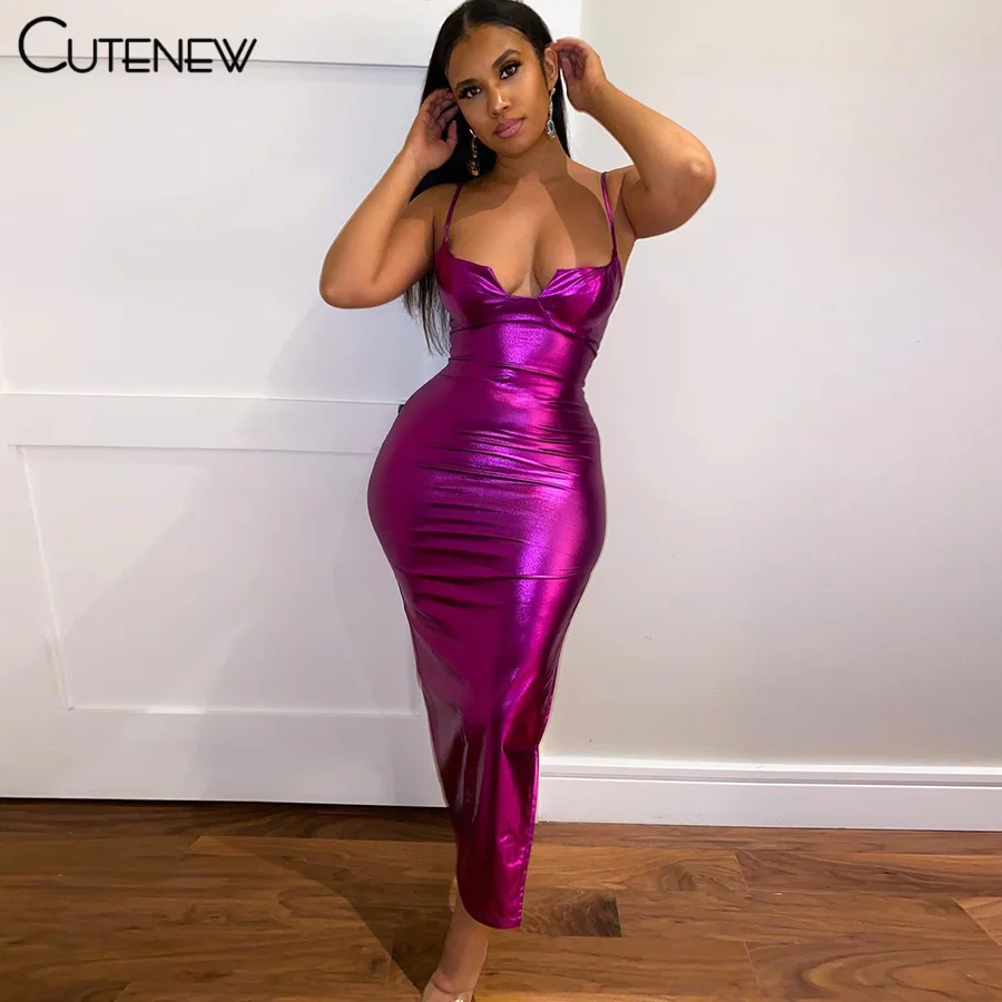 

Cutenew Y2K Neon Purple Club Strap Long Dress For Women Sexy Backless Sleeveless Skinny Stretch Lady Vacation Party Maxi Dresses