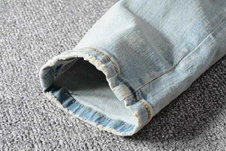 

Men's patchwork bandanna paisley printed biker jeans Light blue holes ripped skinny stretch denim pants trend casual Trousers
