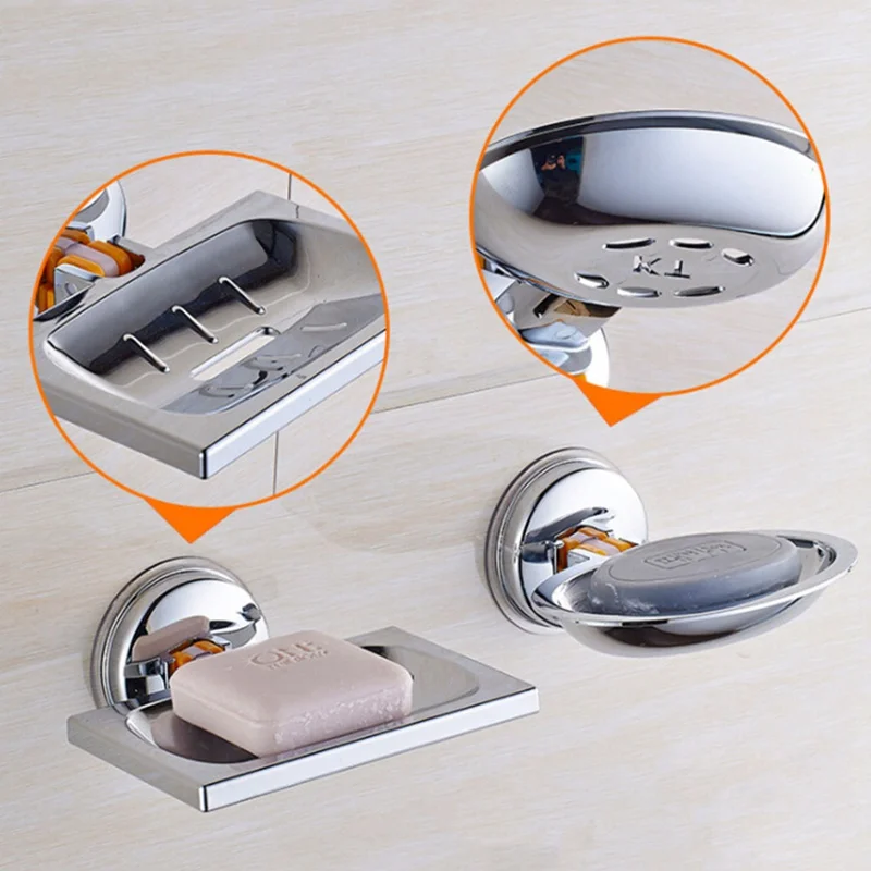 

Round Square Shape Stainless Steel Plated Classic Bathroom Shower Sink Soap Dish Holder Tray Bath Basket Strong Suction Cup