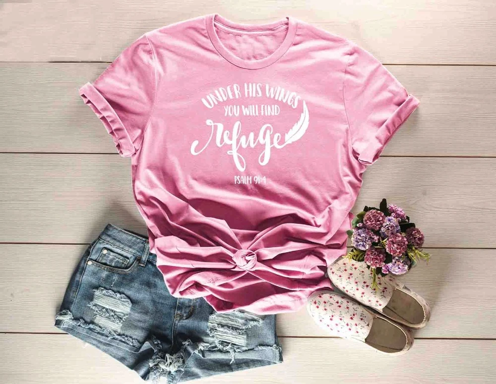 

Under His Wings You Will Find Refuge t-shirt Christian Tee for camiseta rosa feminina shirt fashion Feathers graphic tees K784