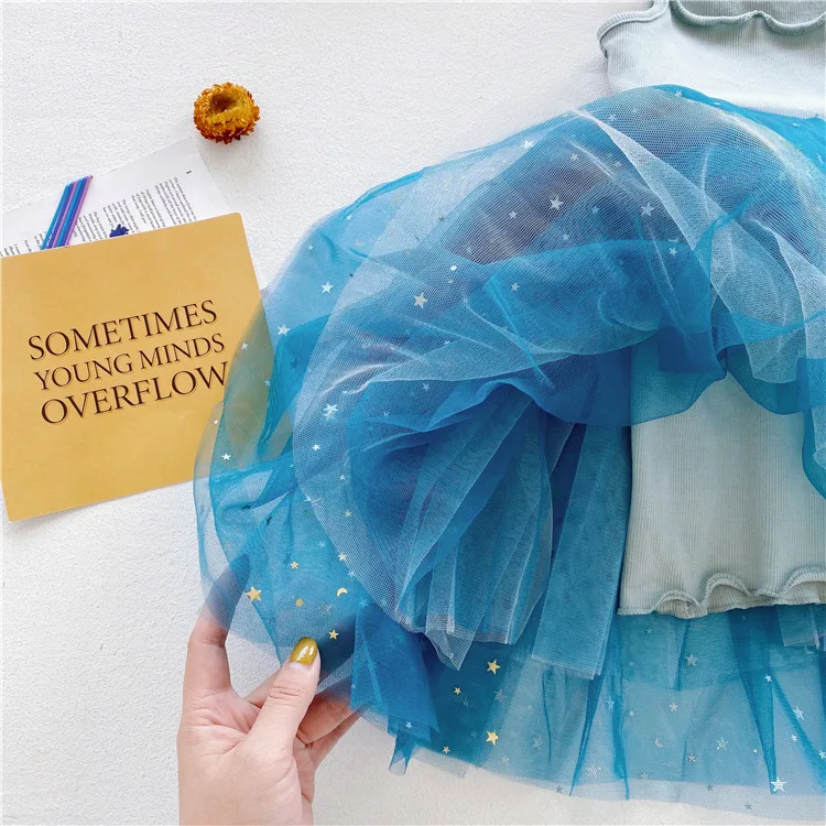 

summer kids dress for girls baby girls clothes Blue mesh stitching puffy dress sleeveless cute baby dresses