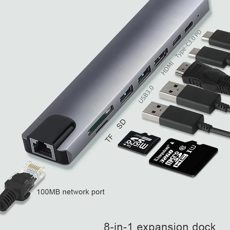 

8 в 1 USB док-станция Type-C для 4K HDMI RJ45 док-станция USB 3,0 TF PD зарядное устройство концентратор адаптер быстрое зарядное устройство док-станция