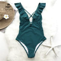 cupshe green heart attack falbala one piece swimsuit women ruffle v neck monokini 2021 new girls beach bathing suit swimwear