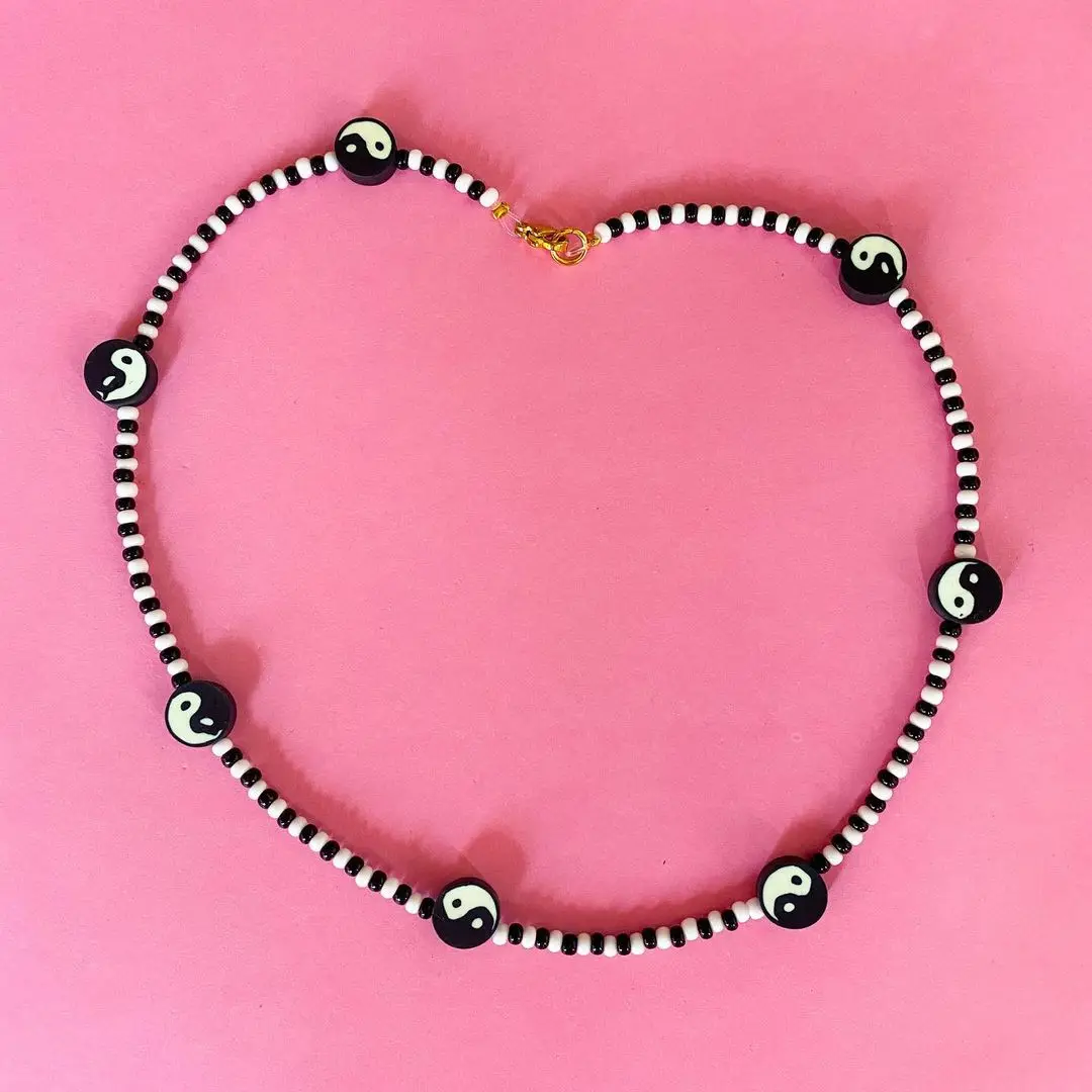 

Go2Boho Beaded Choker Necklace White and Black Beads Necklaces Yin Yang Taiji Charm Trendy Jewelry For Women 2021 Short Collar