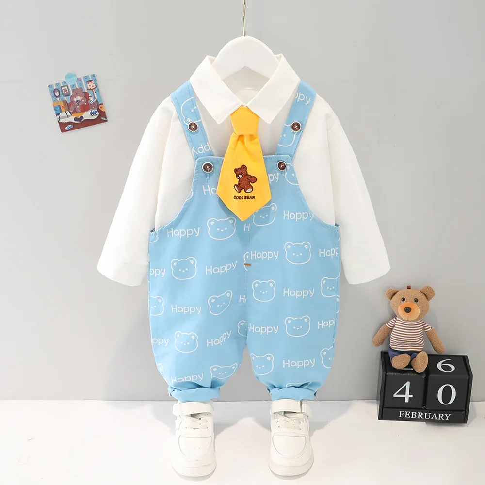 

Осень 2021, Одежда для младенцев, одежда для мальчиков, Детская Повседневная футболка с мультяшным медведем, штаны на бретелях, детские костюмы из 2 предметов, наряды