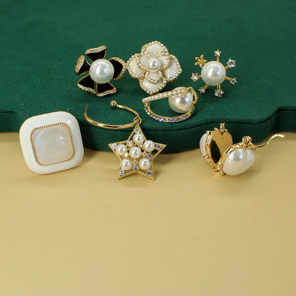 

Luxurious Heart Simulated Pearls Stud Earrings Jewelry for Crystal Cubic Zirconia Geomety Flowers Enamel Earring Party Gift