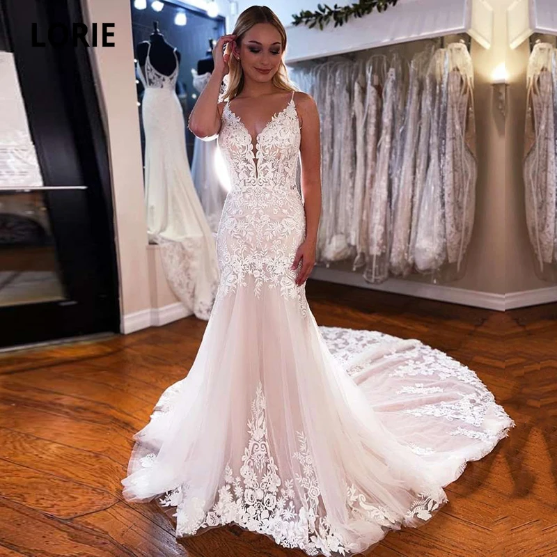 LORIE Luxury Wedding Dresses Boho V-Neck Lace Custom Made Long White Ivory Mermaid Wedding Bridal Gown 2021 suknia slubna