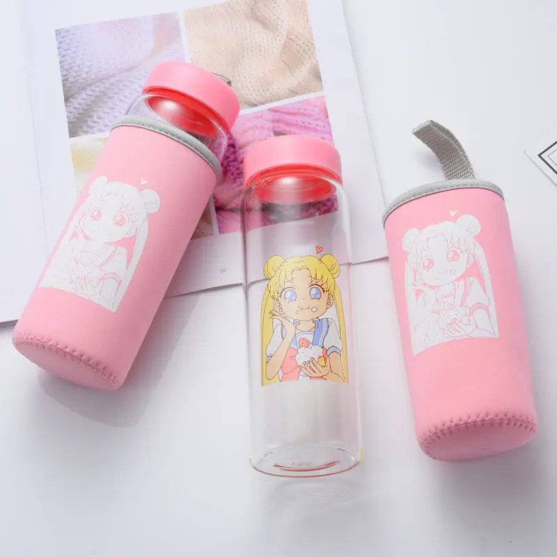 

450ml Sailor Moon Glass Water Bottle with Protective Bag Cartoon Pink Transparent Drink Bottles Student Portable Milk Cup