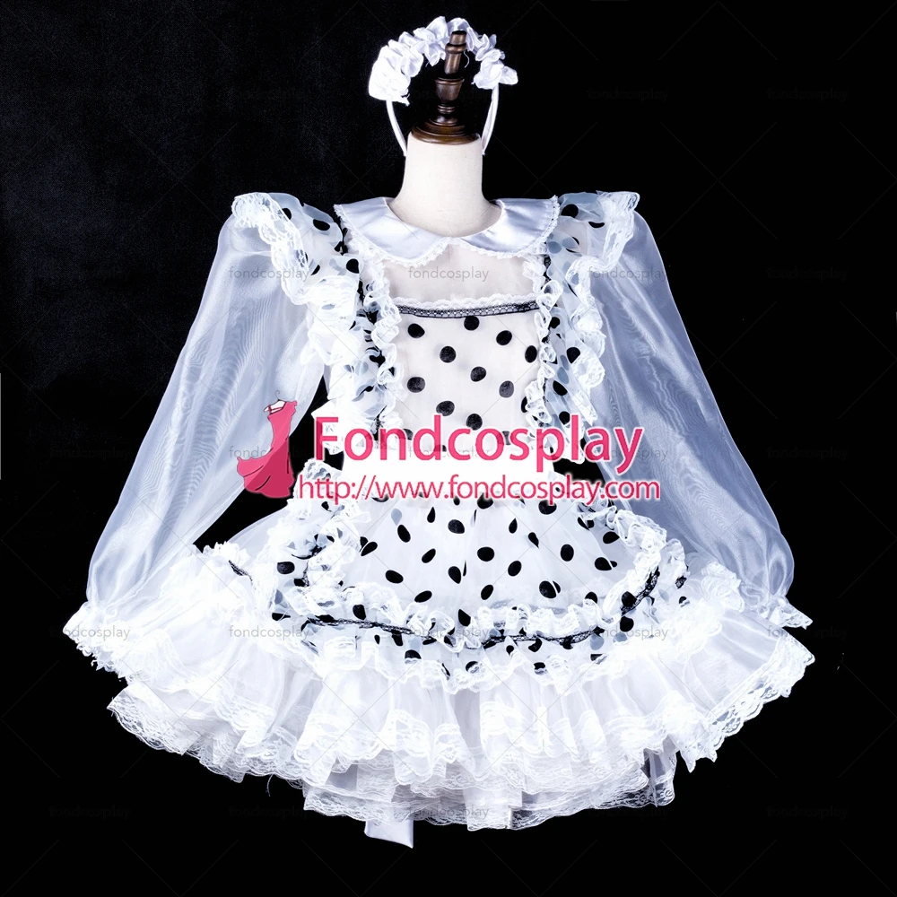 fondcosplay adult sexy cross dressing sissy maid short white Dots satin dress lockable organza Uniform Tailor-made[G2324] |