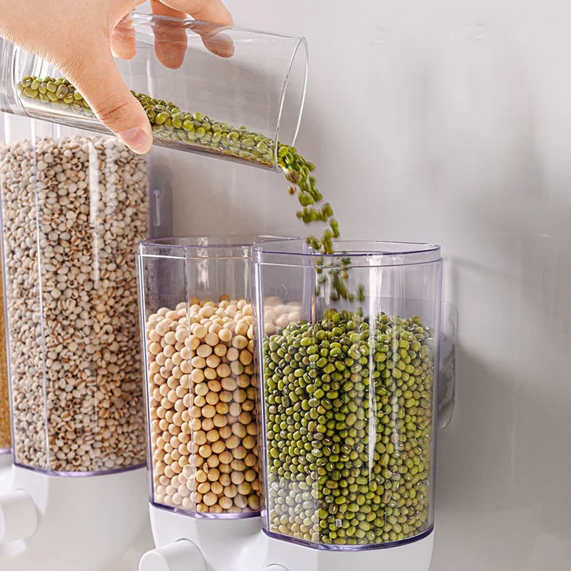 

Kitchen Grains Dry Food Dispenser Divided Sealed Storage Tank 2 Grids Wall-Mounted Food Storage Containers