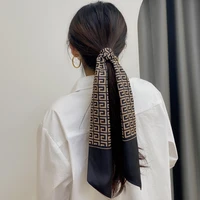 lunadolphin women spring french silk feeling scarf long chiffon 115x9cm geometry printed chocolate bag ribbon headbands retro
