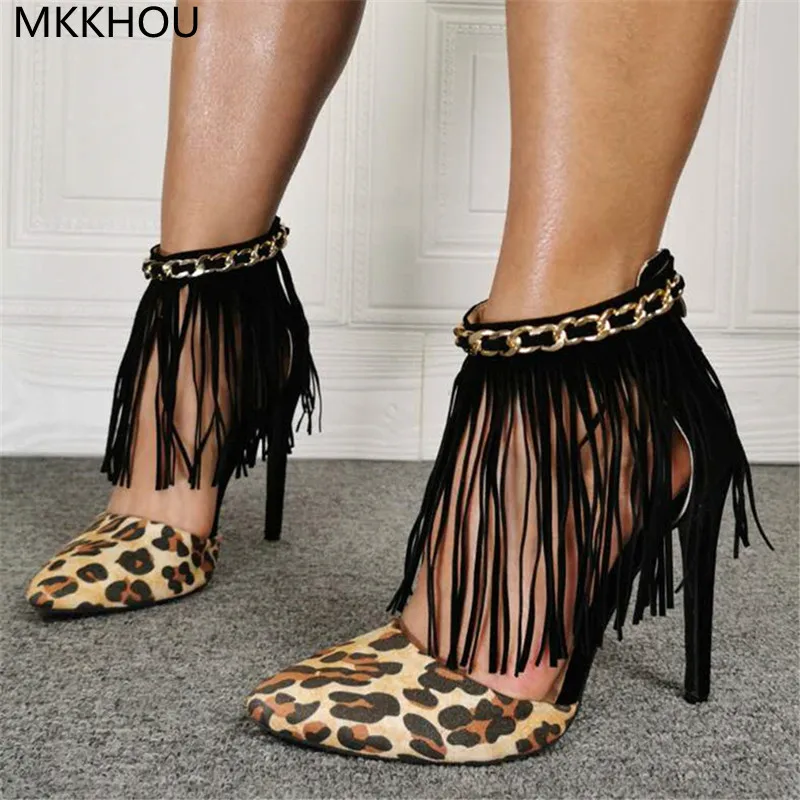 MKKHOU Fashion Sandals New Sexy Leopard Print Pointed Ankle Fringed Thin High Heels 12cm High Heels Daily Commuter Women Shoes