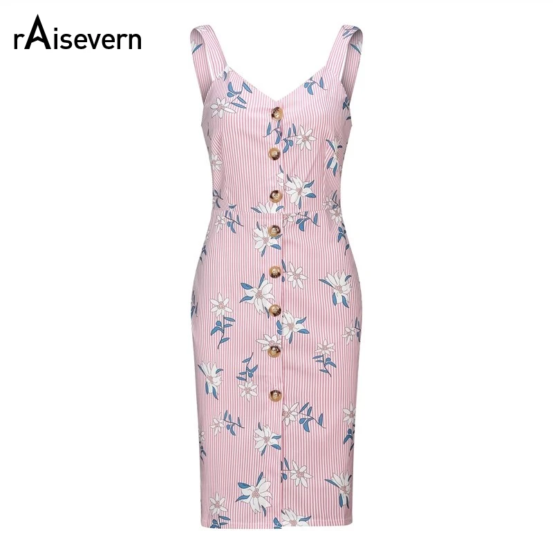 Raisevern Striped Printed Sling Long Split Dress Botton Fishtail 2019 Sweet High Waist Women Tight Sleeveless | Женская одежда
