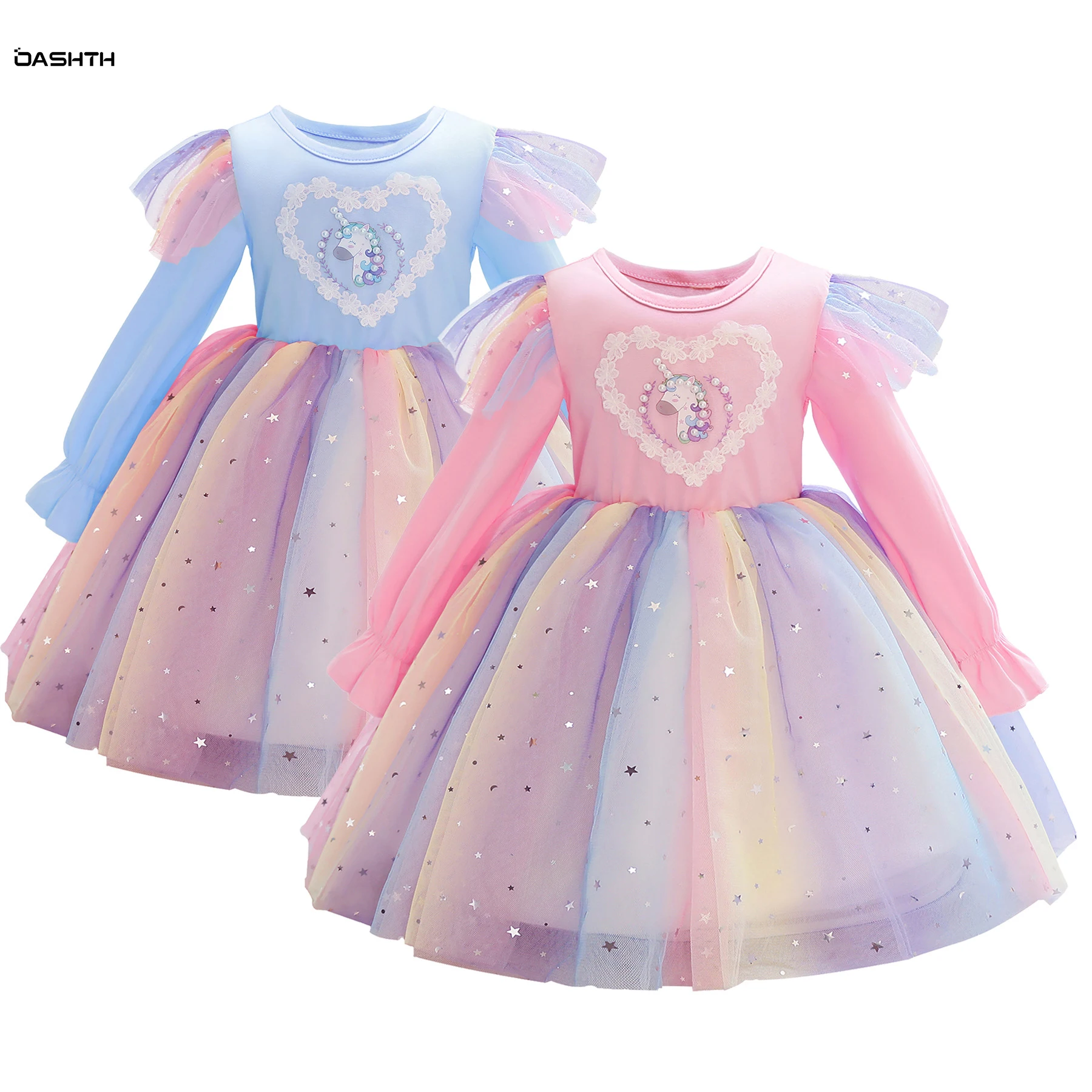 

OASHTH Girls dress autumn and winter long-sleeved unicorn little flying sleeve rainbow sequined mesh skirt