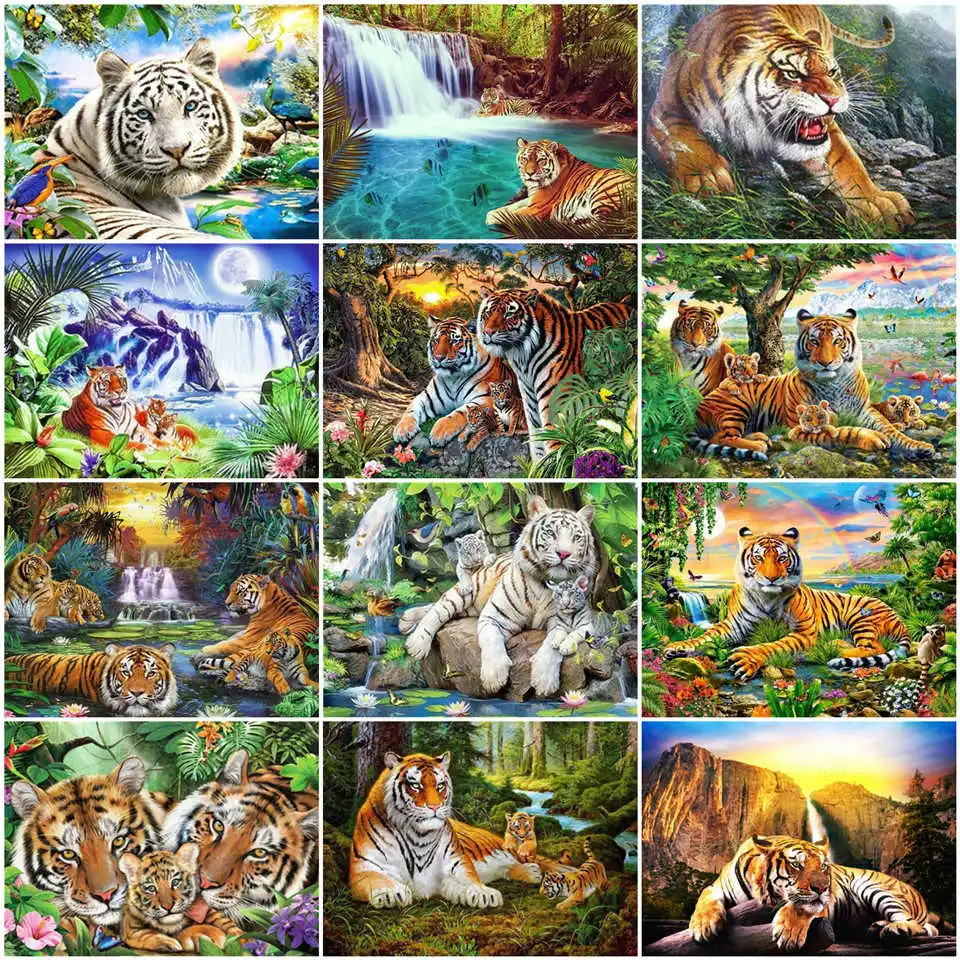 

AZQSD DIY Diamond Embroidery Mosaic Tiger Full Square 5D Home Decor Picture Rhinestones Diamond Painting Animal Kits Wall Art