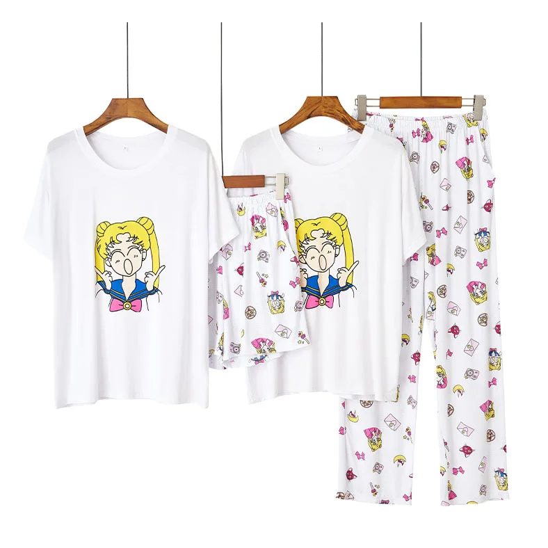 

Summer 2021 Sailor Moon Pajama Trousers Suits Thin Women Pajamas Set White Color Homewear Womens Two Piece Sets