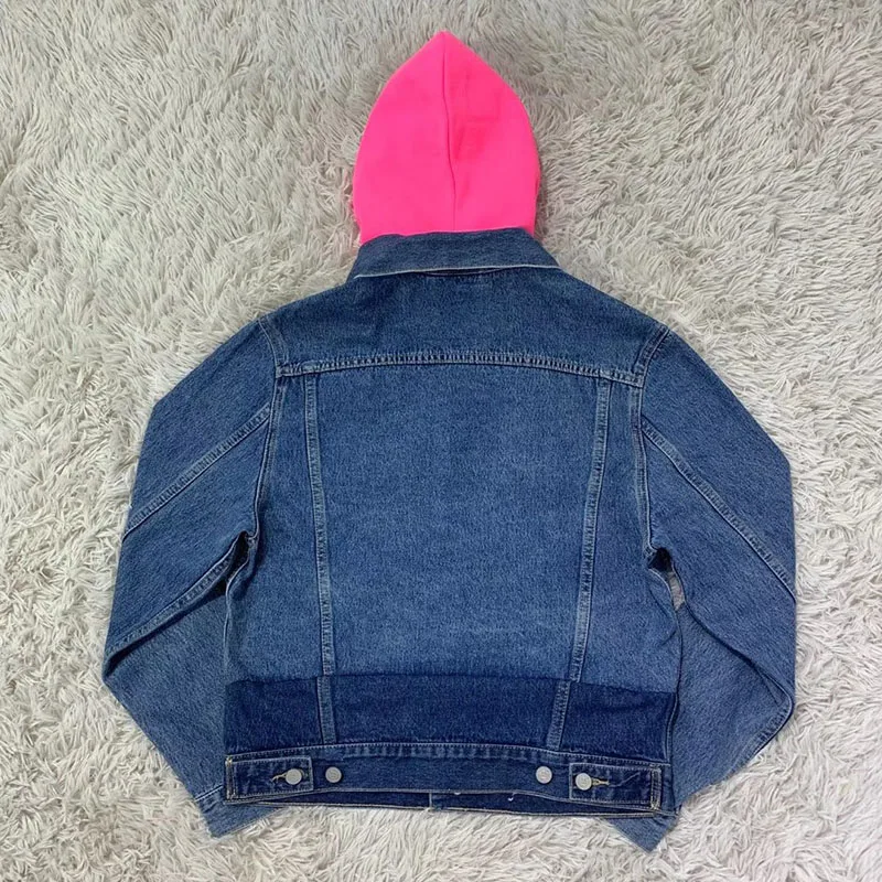

Red Hooded Embroidery Vetements Denim Jacket Women High Quality Cowboy Coat VTM Blue Jean VTM Urban Streetwear