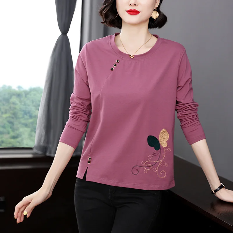 

Loose Elegant Embroidery Butterfly Woman T-shirt Long Sleve O Neck Cotton Female Clothes Blouse Stretch Autumn Winter Breathable