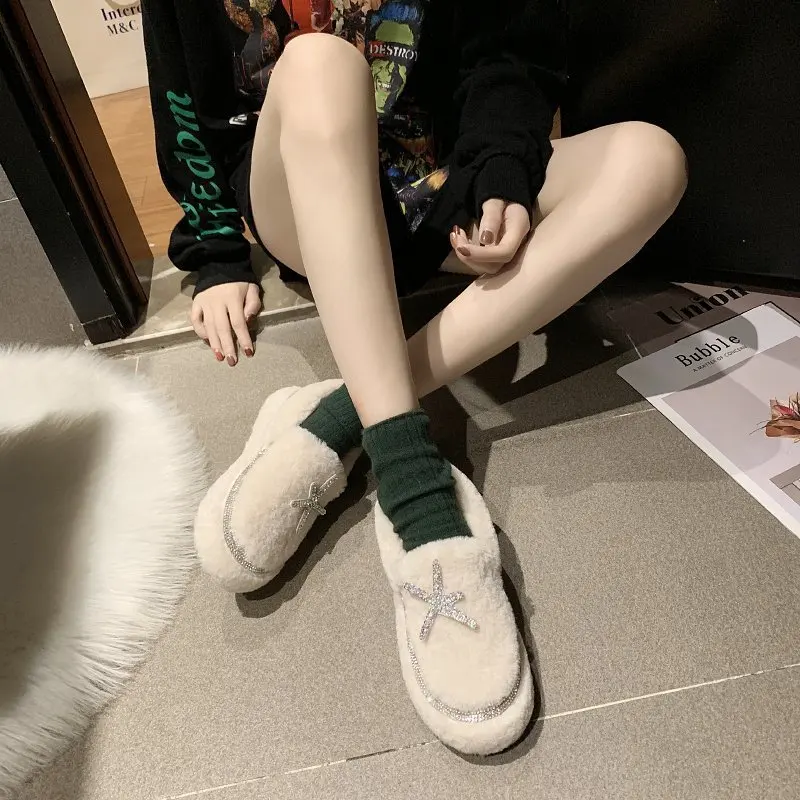 Winter Fashion The New Fur Shoes Women Casual Solid Slip-On Round Toe Starfish Short Plush Shallow Keep Warm High Quality Flock