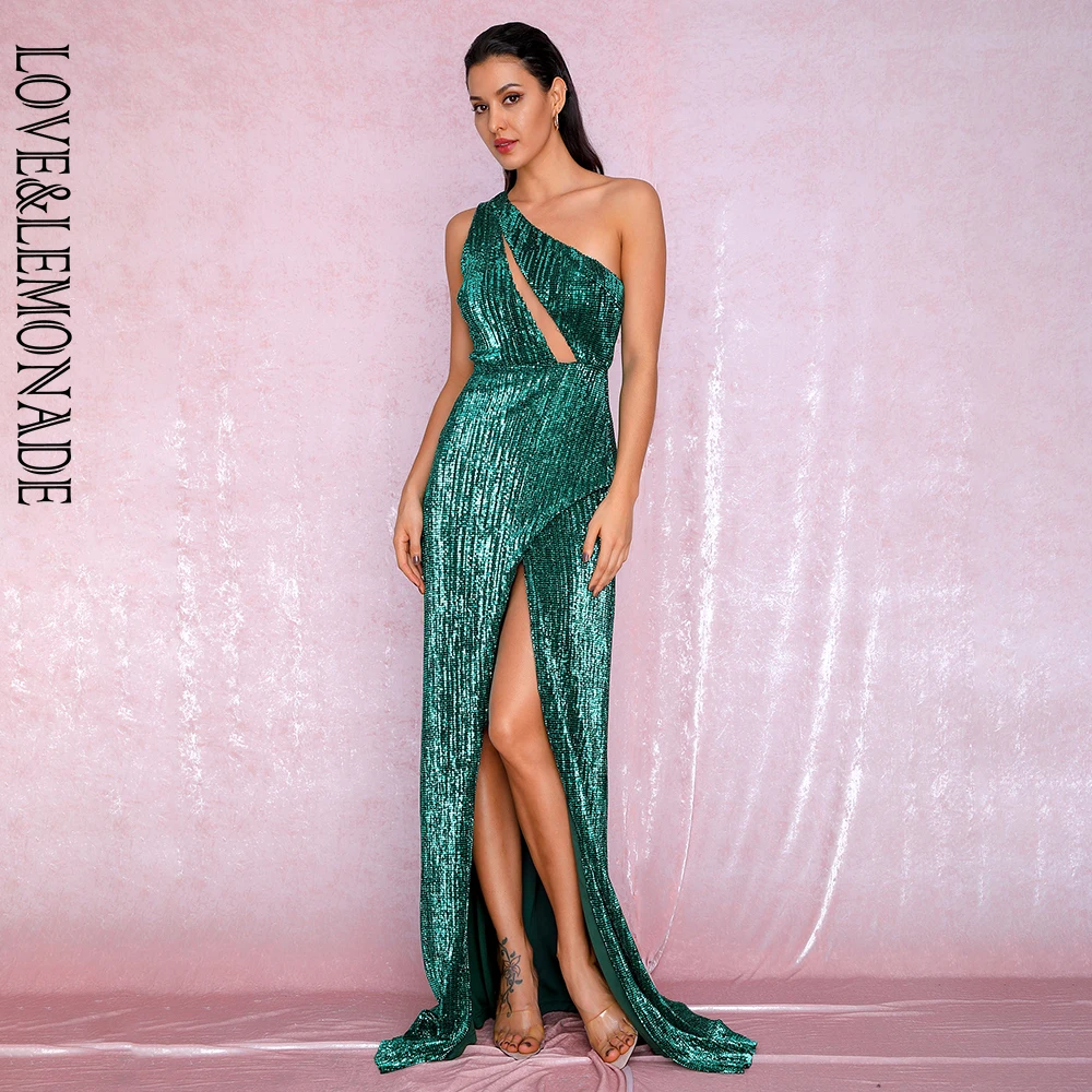 LOVE&LEMONADE Sexy One Shoulder Cut Out Green Cross Split Sequin Bodycon Maxi Dress LM81952 Autumn/Winter