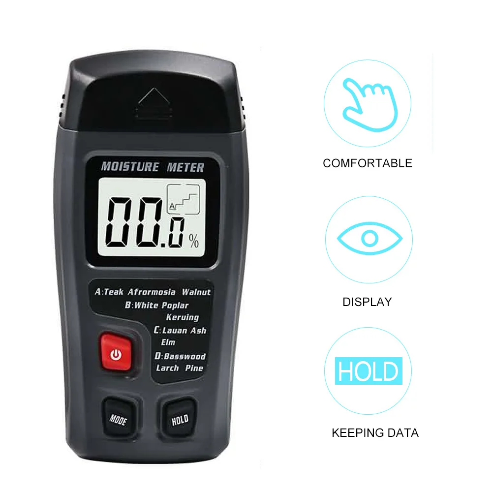 

Измеритель влажности древесины EMT01, точный детектор влажности, 4 режима, ЖК-дисплей, тестер влажности тикового дерева, сосны, ореха