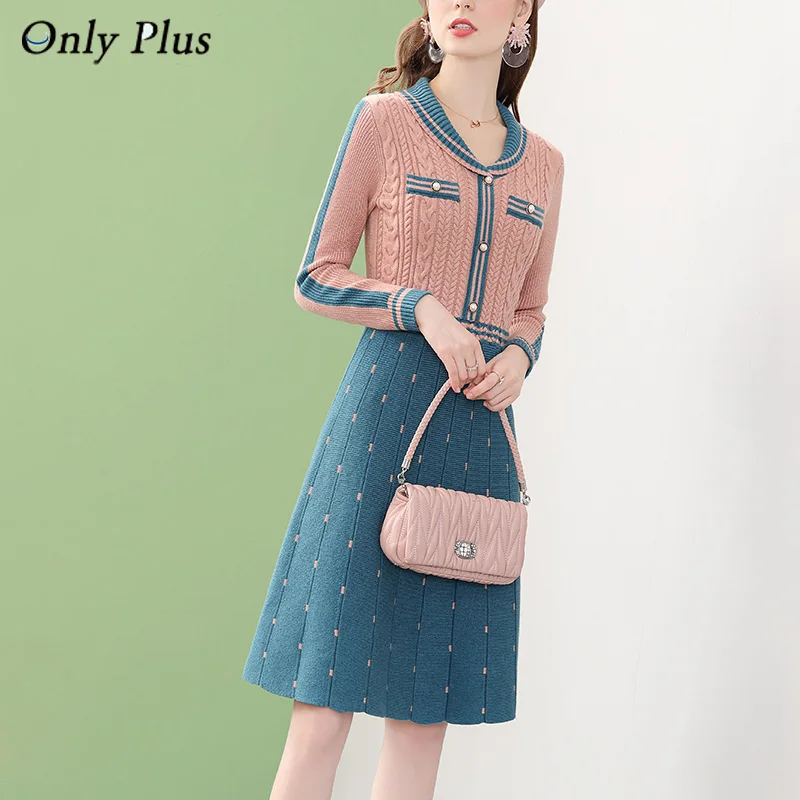 

Patchwork Warm Women Knitted Dresses Sweater Peter Pan Collar 2021 Twist A-Line Elegant Slim Party Dress Fashion A-Line Inside