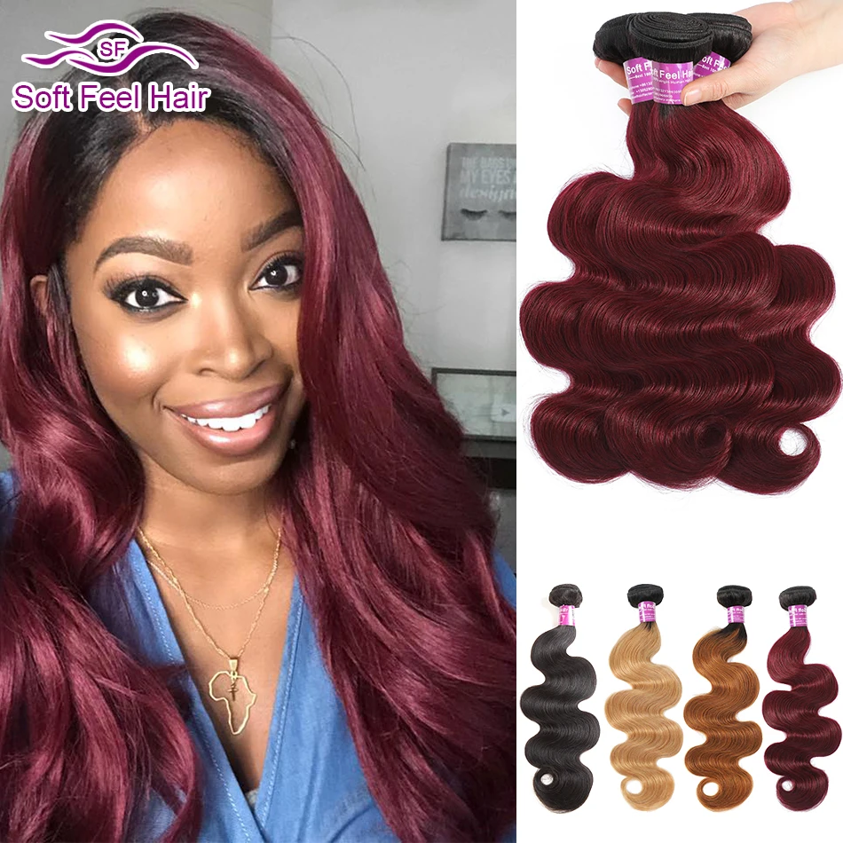 

Soft Feel Hair Peruvian Body Wave Bundles Ombre T1B/Burgundy Remy Human Hair Weaves Blonde Brown Hair Extensions 10'-26' Inches