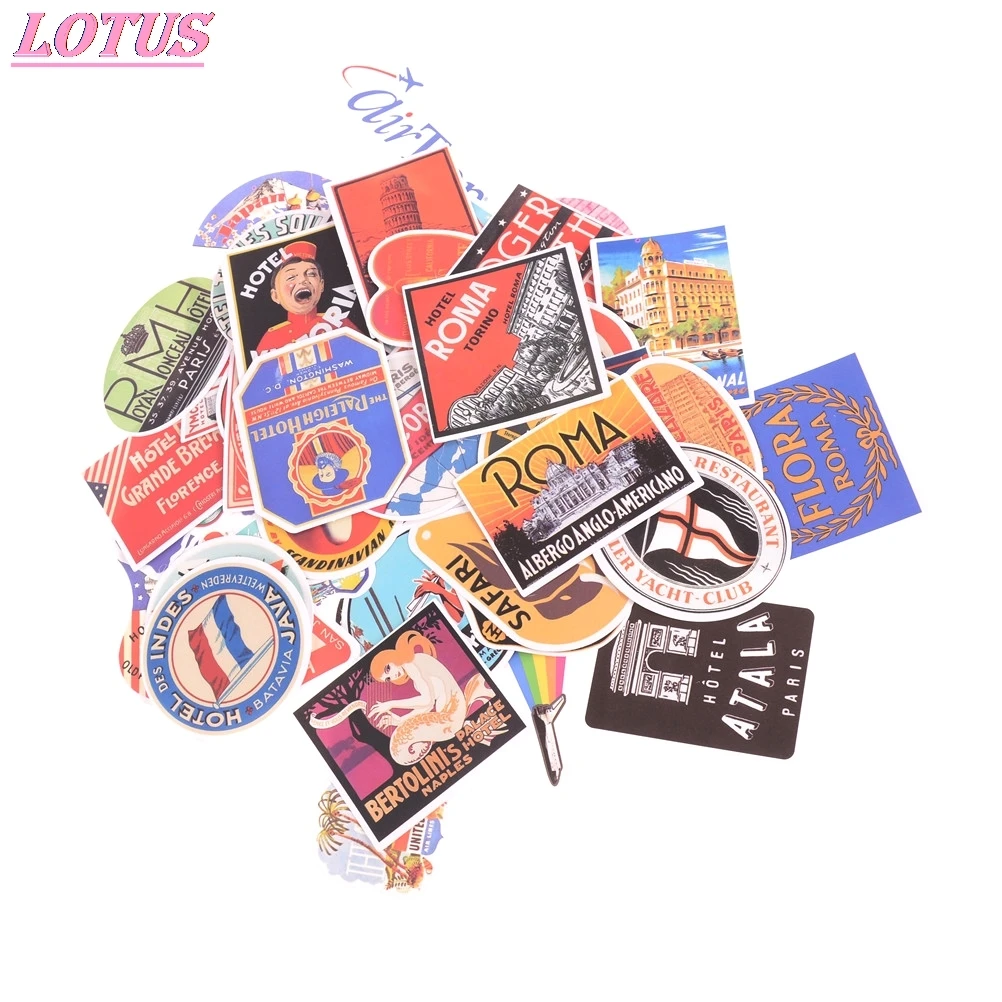 

Retro Style Travel Hotel Logo Paris Rome Trip Luggage Stickers For Laptop Luggage Toy Waterproof Decal Creative Sticker 55 Pcs