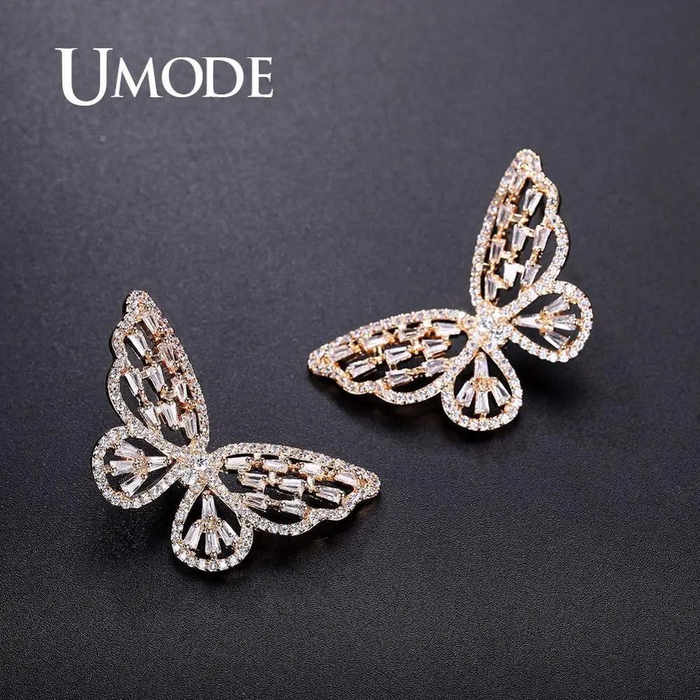 Champagne Clear UMODE корейские женские серьги-бабочки, винтажные милые серьги-гвоздики, роскошные циркониевые свадебные серьги, модные ювелирные изделия UE0602 - Окраска металла: Champagne Clear
